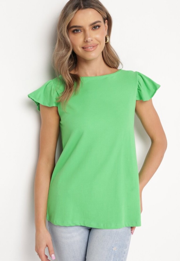 Zielony Bawełniany Top z Falbankami Wokół Rękawów Fenculia