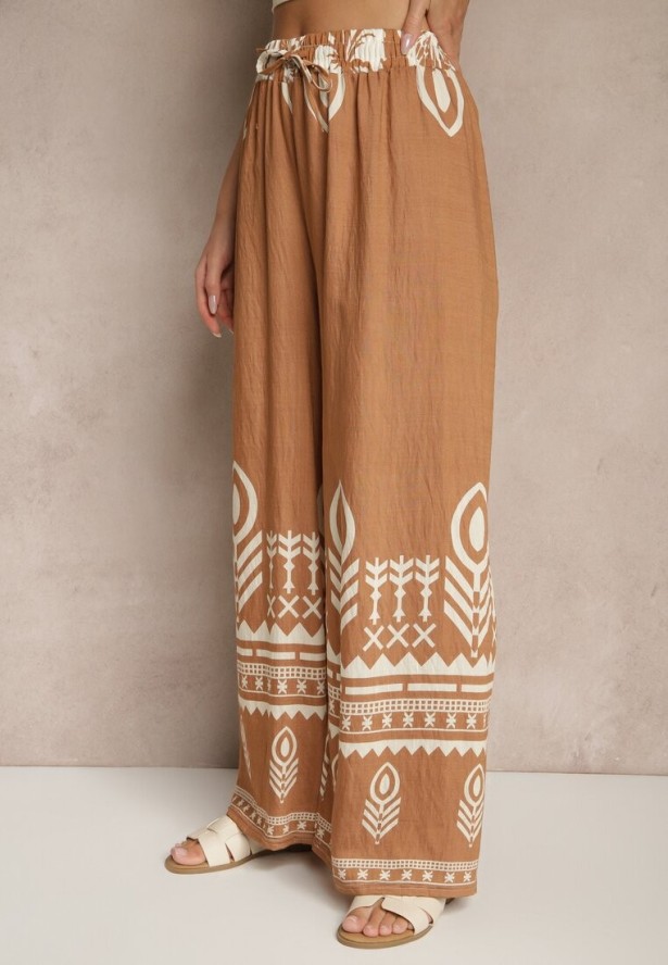 Brązowe Szerokie Spodnie z Wiskozy z Gumką w Talii Zdobione Etnicznym Wzorem Soleldi