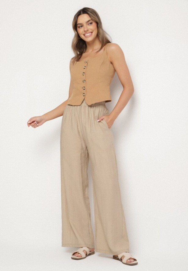 Ciemnobeżowe Spodnie Palazzo z Lnu i Wiskozy z Wysokim Stanem Linawena