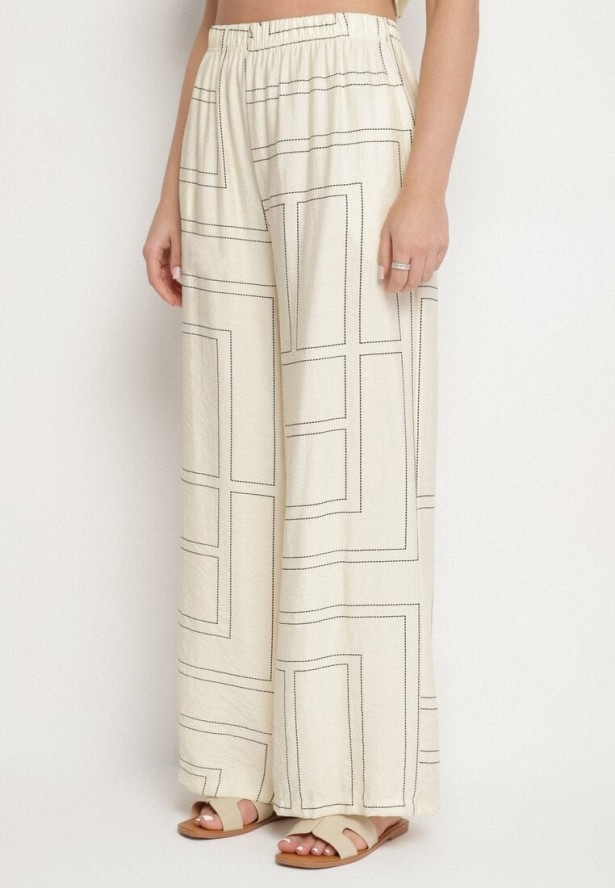Jasnobeżowy Komplet z Lnem i Wiskozą Koszula i Spodnie w Geometryczny Wzór Fevoline