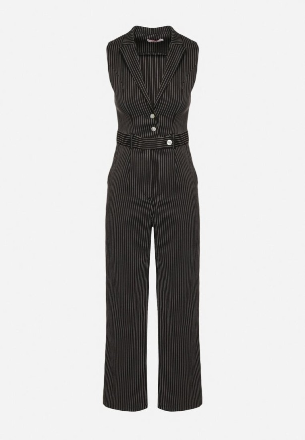 Czarny Kombinezon w Garniturowym Stylu w Drobne Paski Sarisse
