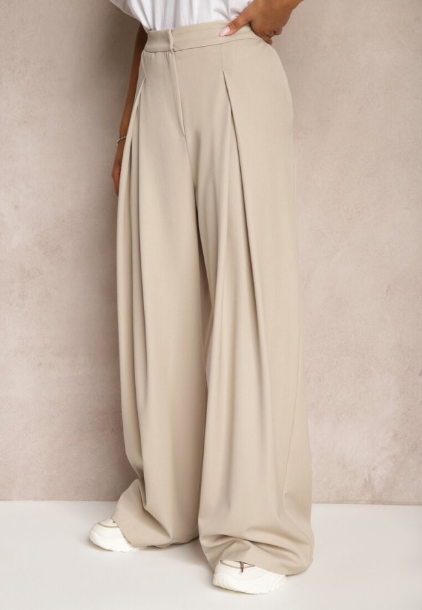 Beżowe Szerokie Spodnie z Wiskozą o Garniturowym Kroju z Zakładkami i Kieszeniami Lobine