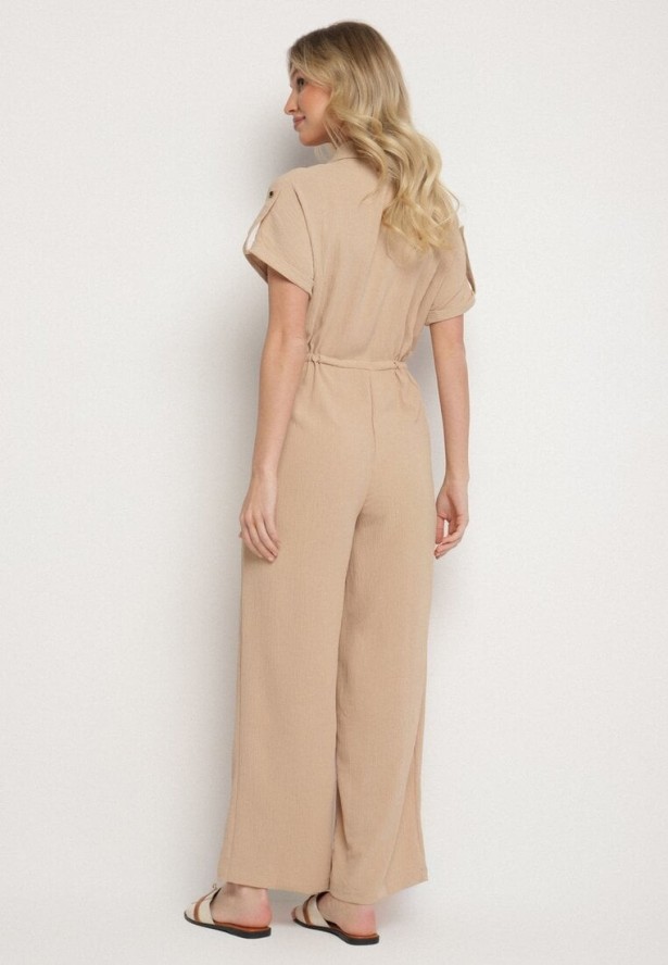 Beżowy Kombinezon o Koszulowym Kroju z Krótkim Rękawem i Wiązaniem w Talii Mareriela