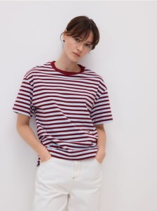 Bawełniany t-shirt w paski - bordowy