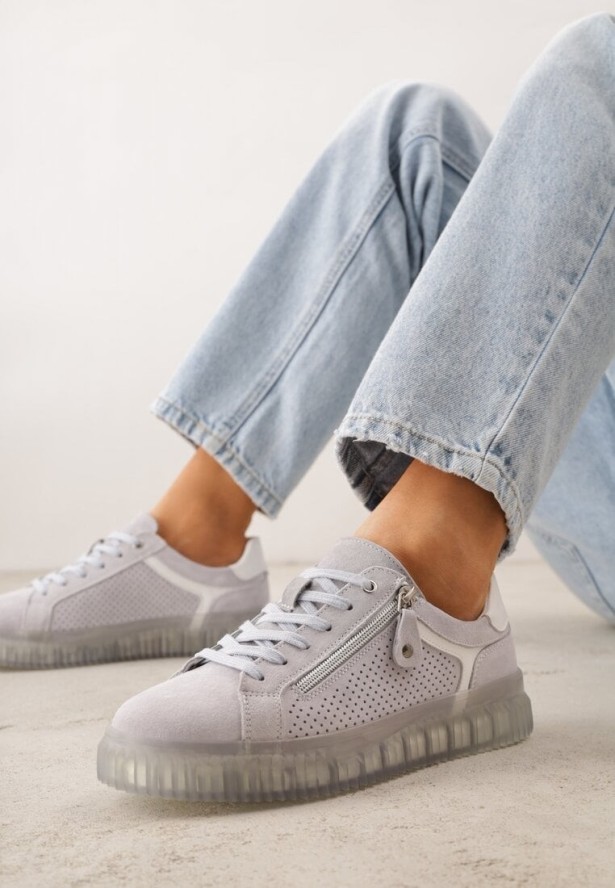 Niebieskie Zamszowe Sneakersy z Półtransparentną Podeszwą Suwakiem i Wkładką ze Skóry Sewtera