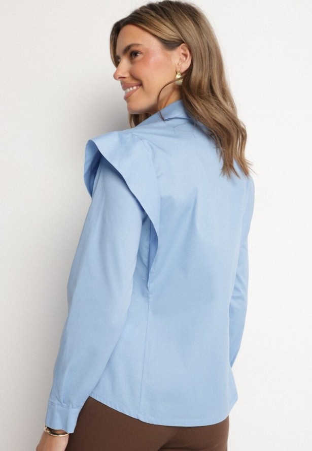 Jasnoniebieska Bawełniana Koszula z Ozdobnymi Ramionami Teladoria