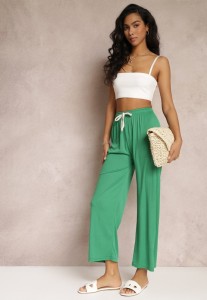 Zielone Szerokie Spodnie z Marszczoną Gumką i Sznurkiem Feliti