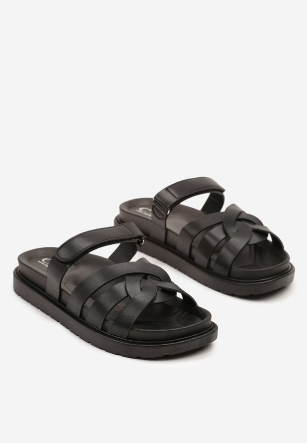 Czarne Klapki z Ozdobnymi Paskami Typu Gladiatorki Zapinane na Rzep Hirna