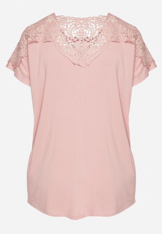 Różowa Bluzka z Wiskozą Ozdobiona Koronką i Cyrkoniami Viarenas
