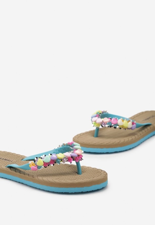 Jasnoniebieskie Japonki z Błyszczącymi Detalami i Kwiatkami Mireth