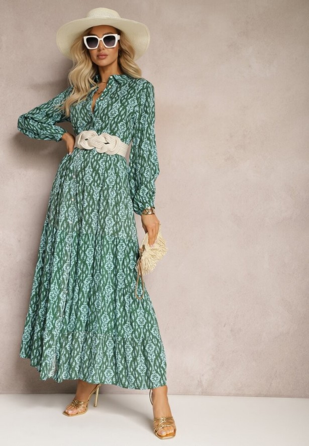Zielona Sukienka Koszulowa w Ornamentalny Wzór Gongi