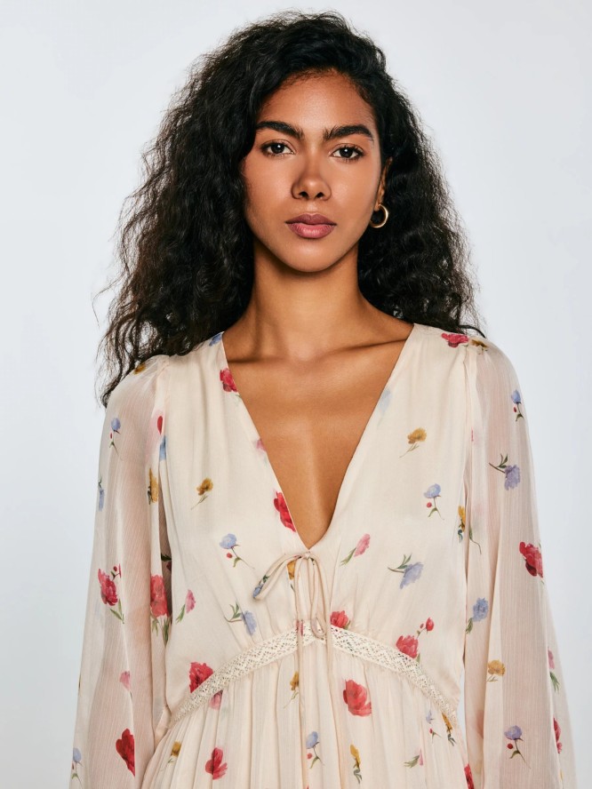 Sukienka damska maxi z motywem kwiatowym kremowa Ester 103