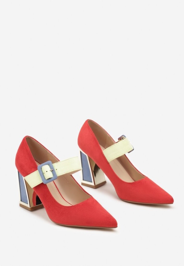 Czerwone Czółenka na Słupku z Metalicznymi Wstawkami i Paskiem Enavina