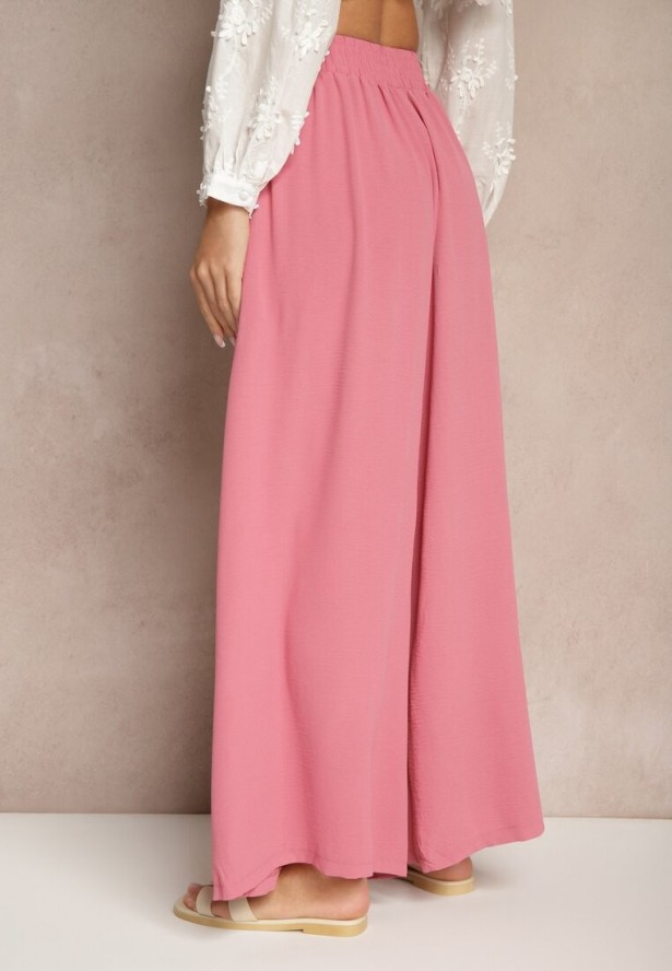 Różowe Spodnie Palazzo o Szerokim Kroju Ozdobione Sznurkiem Ularira