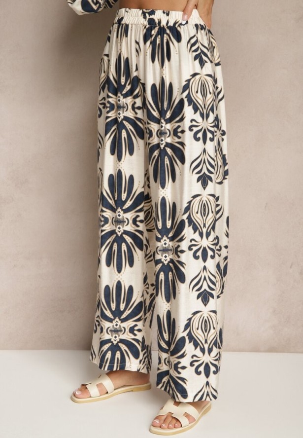 Niebieski Komplet z Wiskozą Spodnie o Szerokim Kroju i Długa Koszula Rinviela