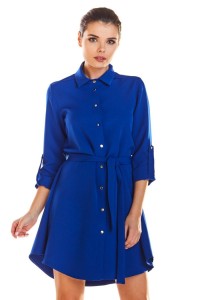 Sukienka koszulowa szmizjerka z paskiem i kołnierzykiem niebieska