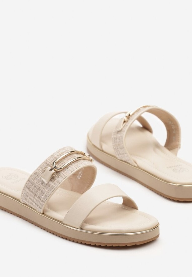 Jasnobeżowe Klapki z Ozdobnym Tweedowym Paskiem i Klamerką Tirmio