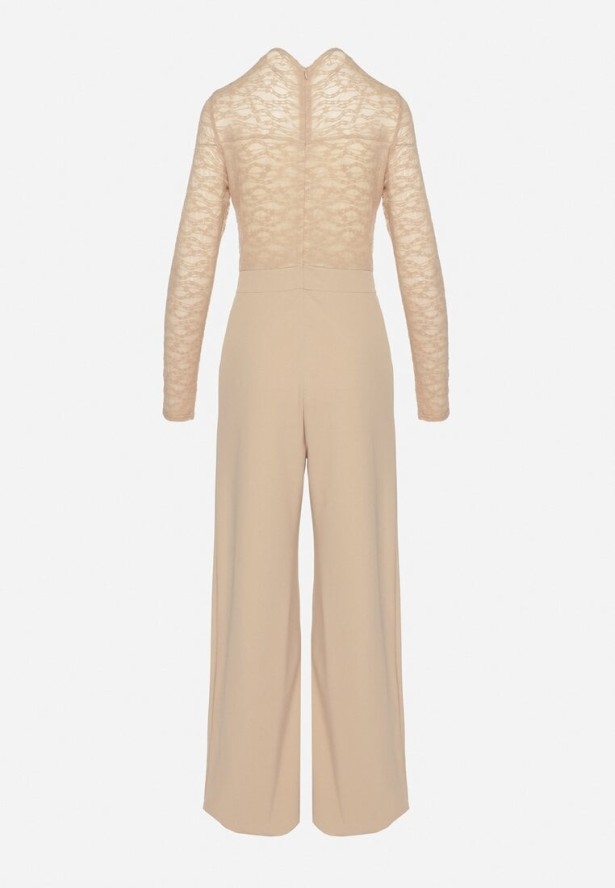 Jasnobeżowy Koronkowy Kombinezon z Wiskozą z Szerokimi Nogawkami Ninarena