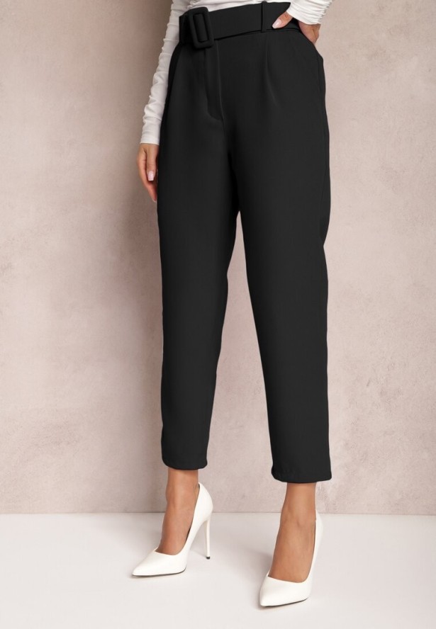 Czarne Spodnie Garniturowe High Waist z Paskiem Wenus