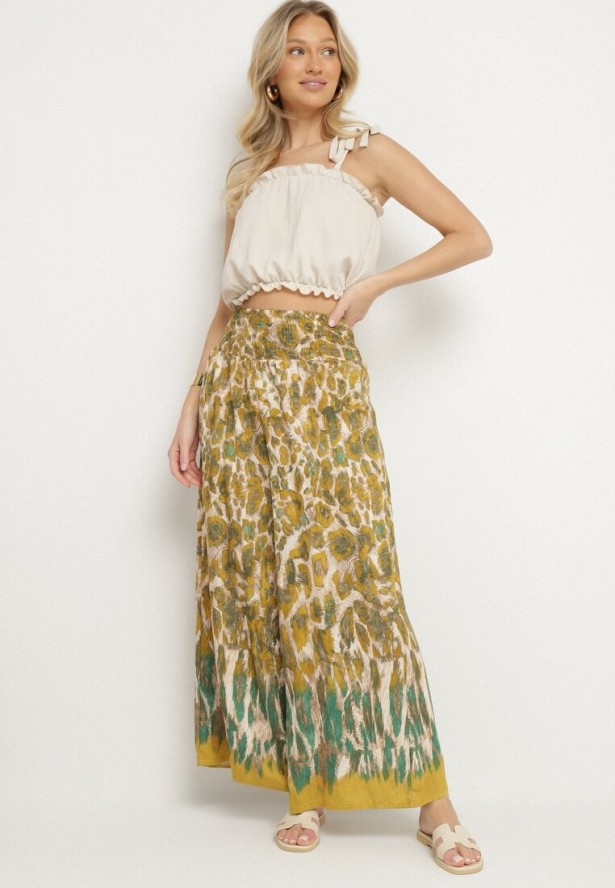 Beżowo-Żółte Wiskozowe Spodnie o Szerokim Kroju z Wysokim Stanem Ellivana