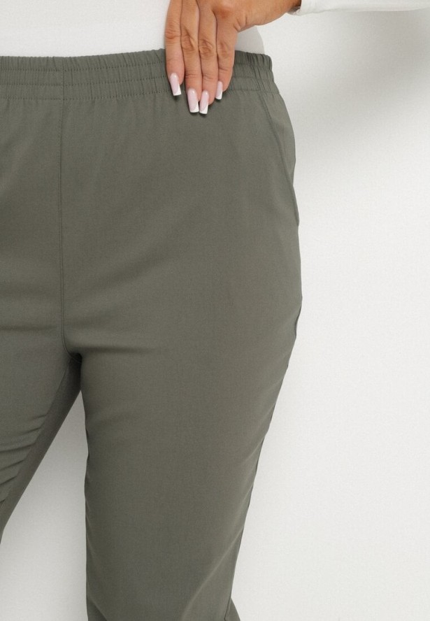 Ciemnozielone Spodnie z Wiskozą z Gumką w Talii i Aplikacjami przy Nogawkach Stellorie