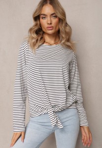 Biało-Granatowa Bawełniana Bluzka z Wiązaniem na Dole Bettine