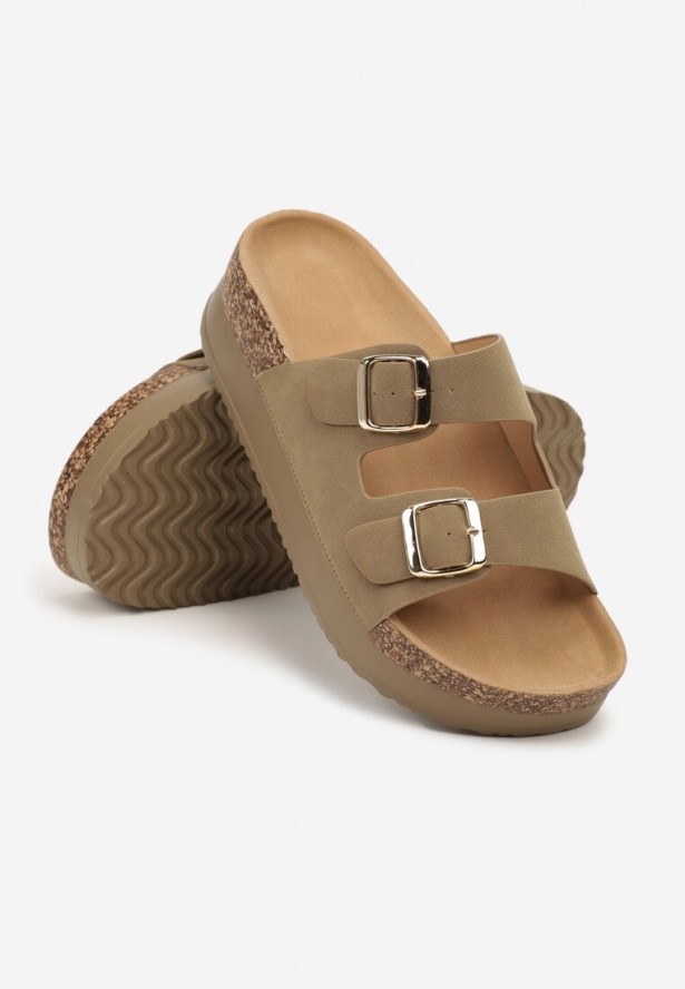 Ciemnobeżowe Klapki na Platformie z Ozdobnymi Klamrami Dolerria