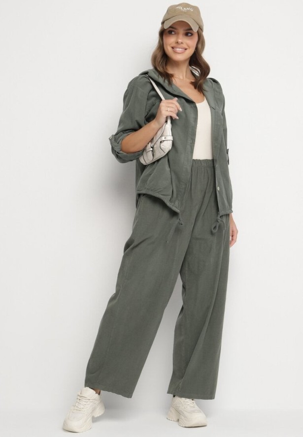 Ciemnozielona Bawełniana Koszula z Kapturem Ściągana w Pasie Felewen