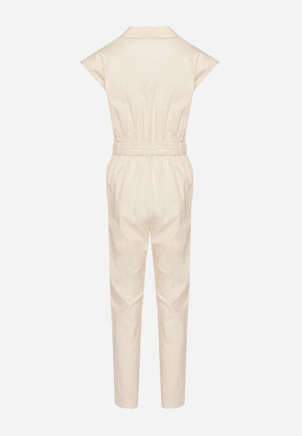 Beżowy Kombinezon z Wiskozą o Koszulowym Kroju z Wiązanym Paskiem i Napami Sepalisa