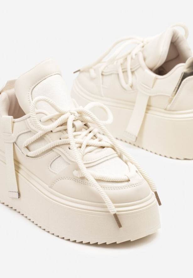 Beżowe Sneakersy na Grubej Podeszwie z Ozdobnym Sznurowaniem Sovvia