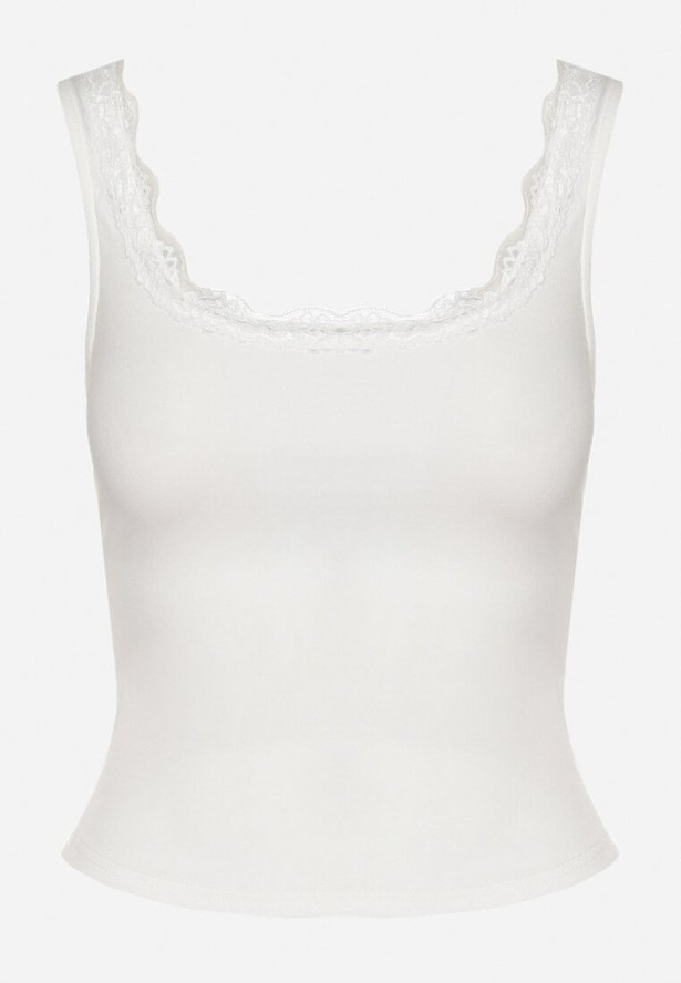 Biały Bawełniany Top na Szerokich Ramiączkach Zdobiony Koronką Linenia