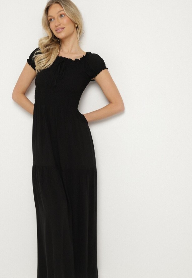 Czarna Wiskozowa Sukienka Hiszpanka z Marszczoną Górą Jenanira