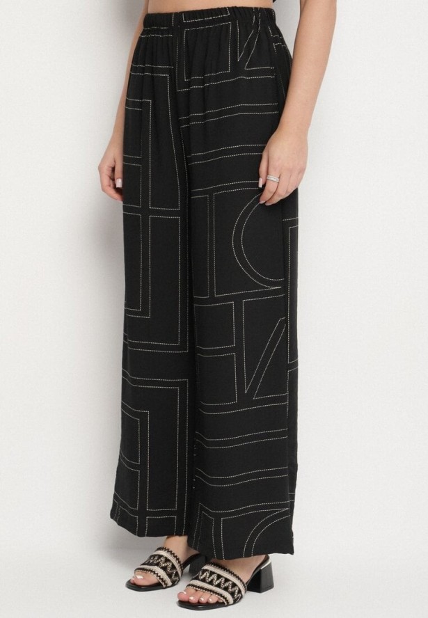 Czarny Komplet z Lnem i Wiskozą Koszula i Spodnie w Geometryczny Wzór Fevoline