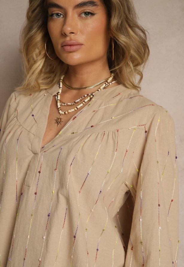 Beżowa Bawełniana Bluzka o Koszulowym Kroju z Ozdobnym Haftem Palithia