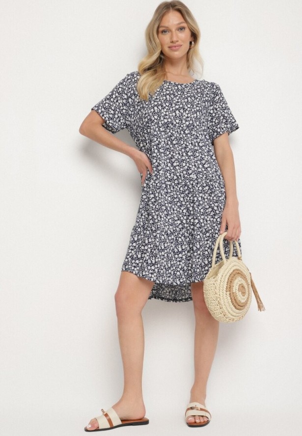 Niebieska Sukienka z Bawełną w Kwiatowy Wzór Lunasenia