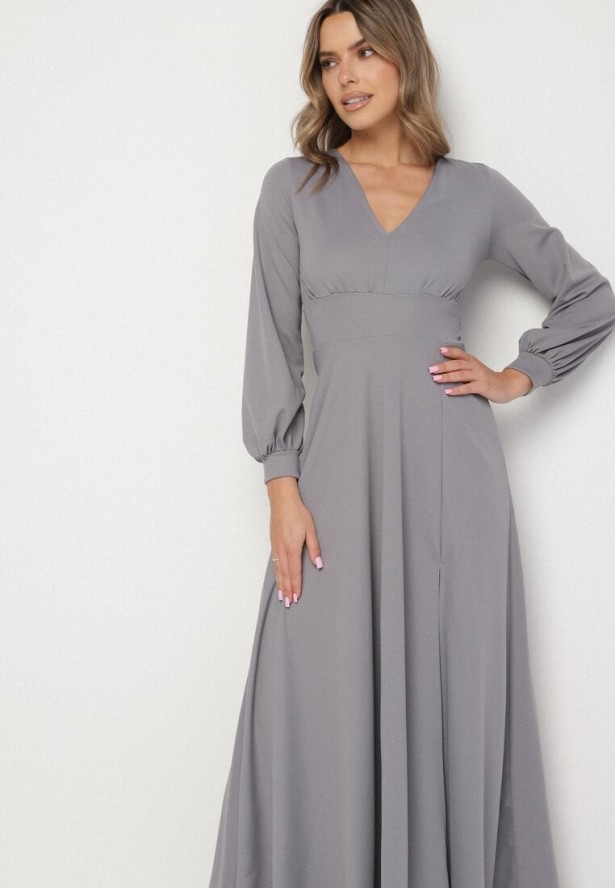 Szara Rozkloszowana Sukienka Koktajlowa z Bufiastymi Rękawami i Rozcięciem na Nogę Erqellia