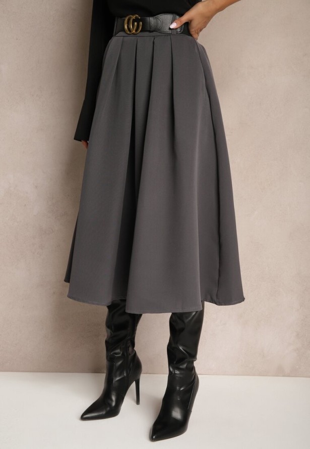 Szara Spódnica Rozkloszowana z Paskiem Tenga