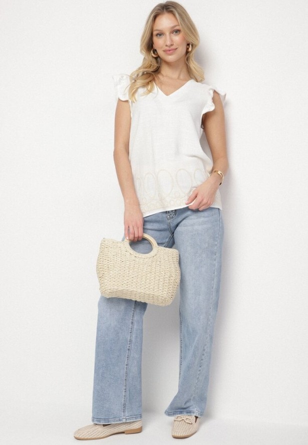 Biała Bluzka z Wiskozą i Lnem Ozdobiona Haftem i Falbanami Harivna