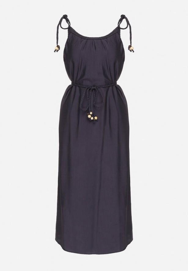 Granatowa Sukienka z Wiskozy na Wiązanych Ramiączkach z Plecionym Paskiem Mirazelia