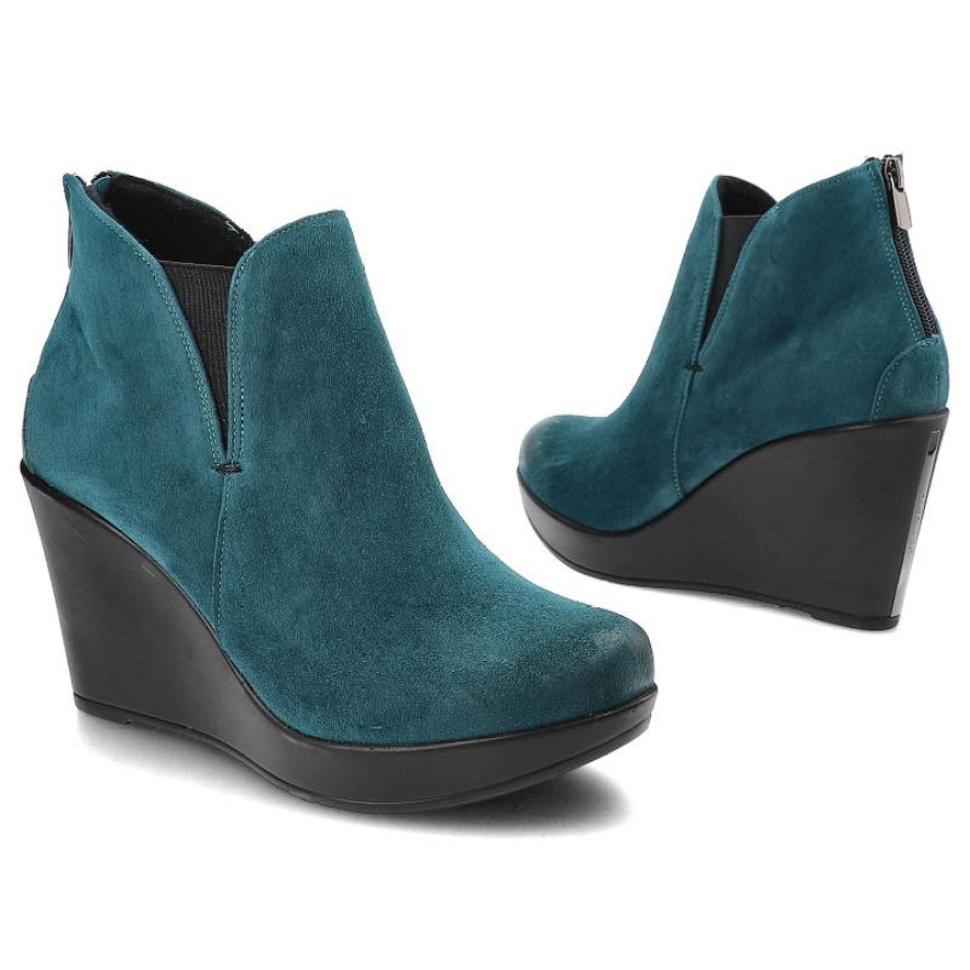 Niebieskie Botki Karino Damskie Buty Na Koturnie