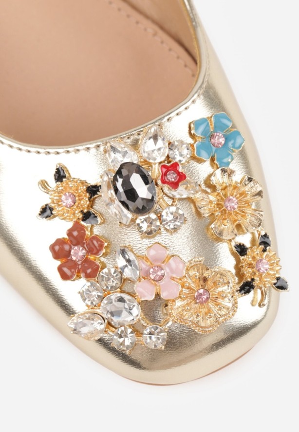 Złote Czółenka Vices z Odkrytą Piętą Ozdobione Cyrkoniami ze Skórzaną Władką Eklevia