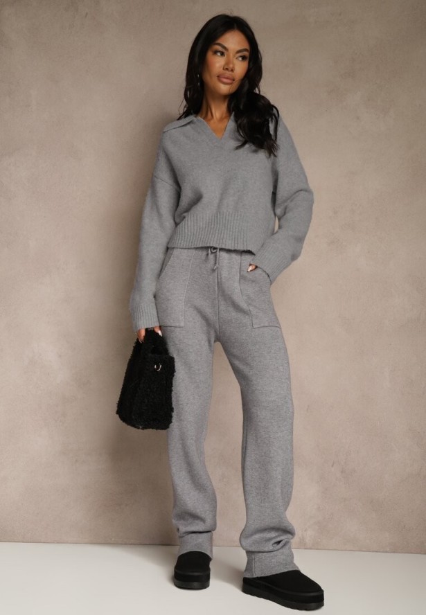 Szare Spodnie z Wełną ze Sznurkiem i Ozdobnymi Kieszeniami Moneressa