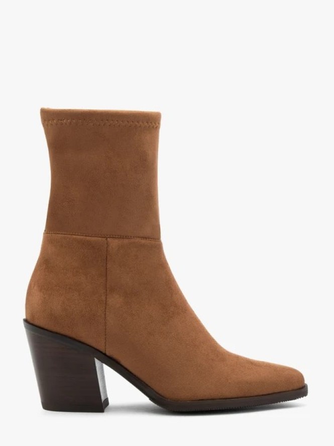 Brązowe wyższe botki z tkaniny na słupku