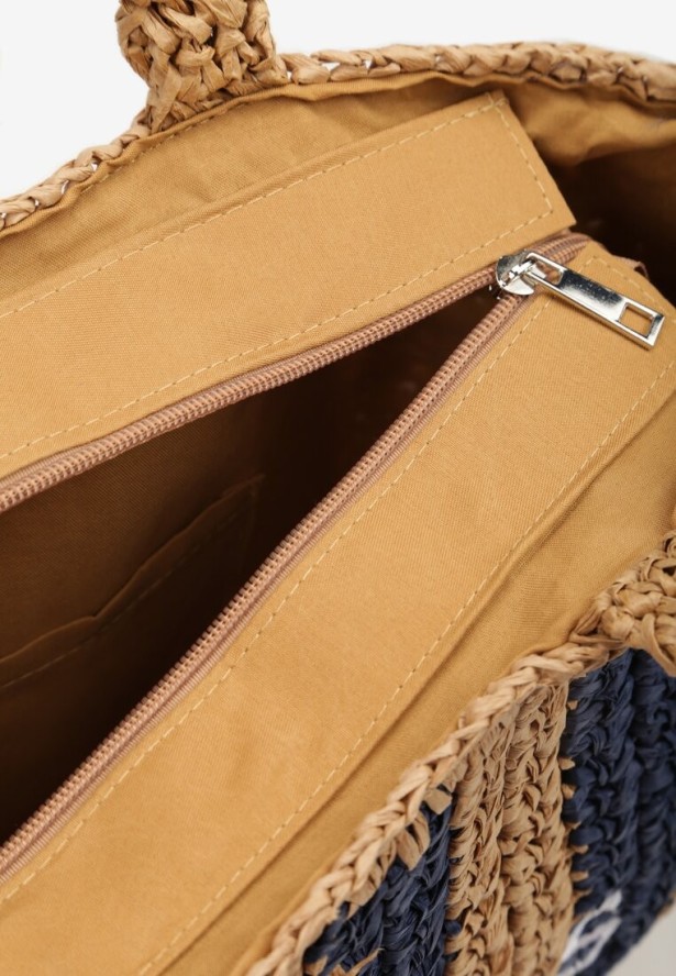 Granatowo-Beżowa Pleciona Torebka z Rączką i Ozdobnym Napisem Rivasina