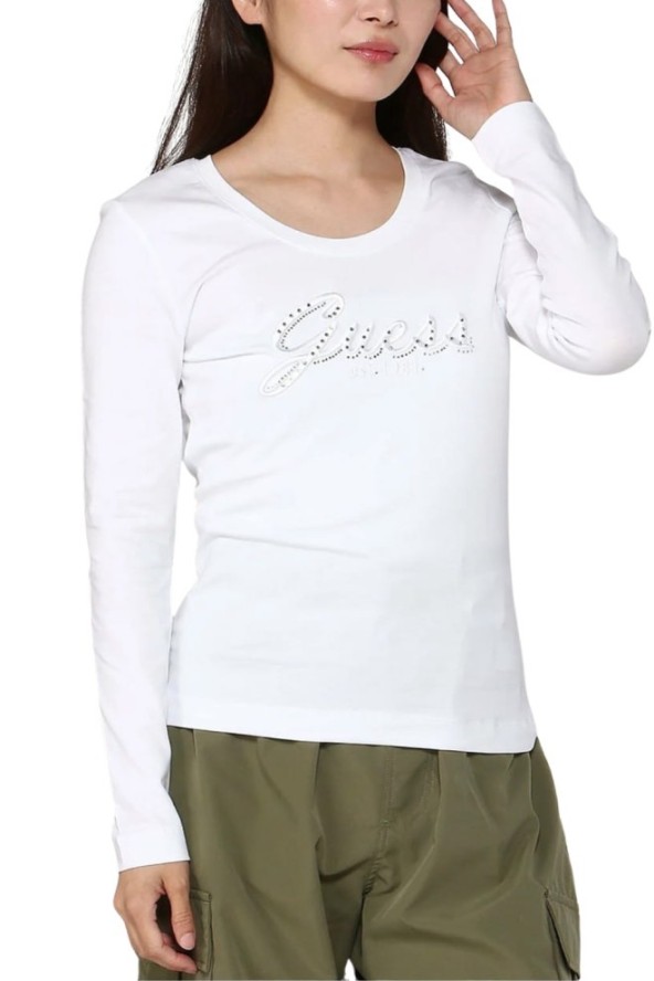 GUESS Biały damski longsleeve Embro Script, Rozmiar S