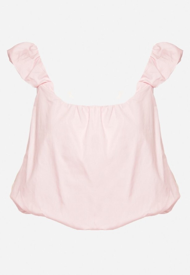 Różowy Bufiasty Top z Bawełny na Ramiączkach z Marszczeniem Sepoliva