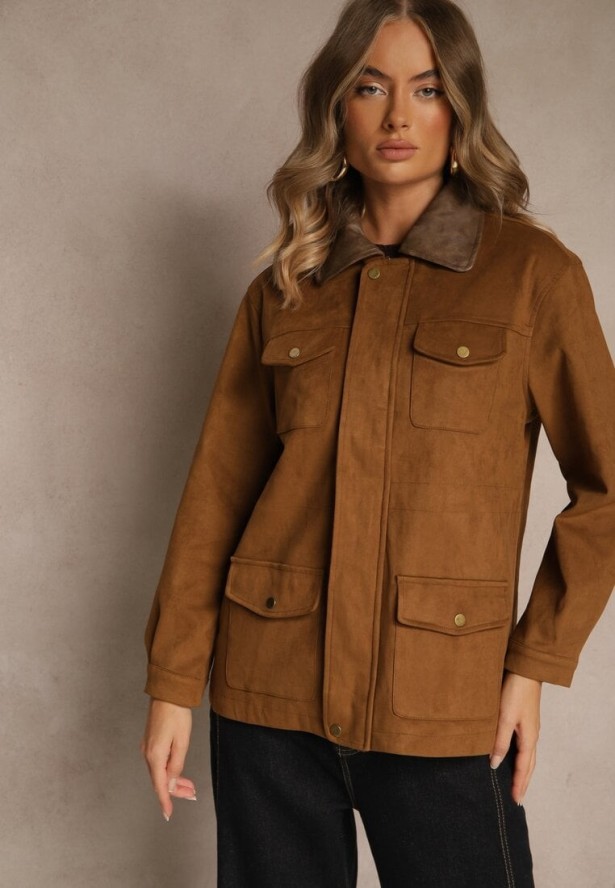 Brązowa Kurtka Koszulowa Barn Jacket z Kieszeniami na Napy Tilusea