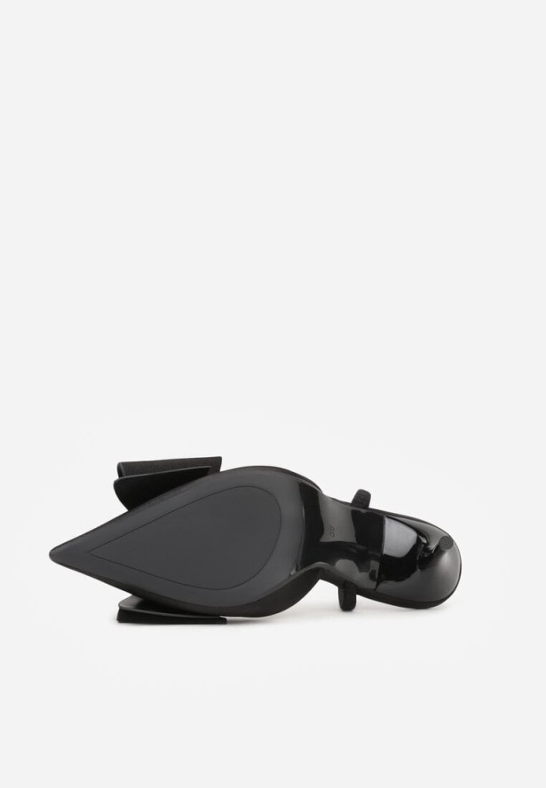 Czarne Satynowe Sandały na Szpilce z Odkrytą Piętą i Kokardą Shiriniana