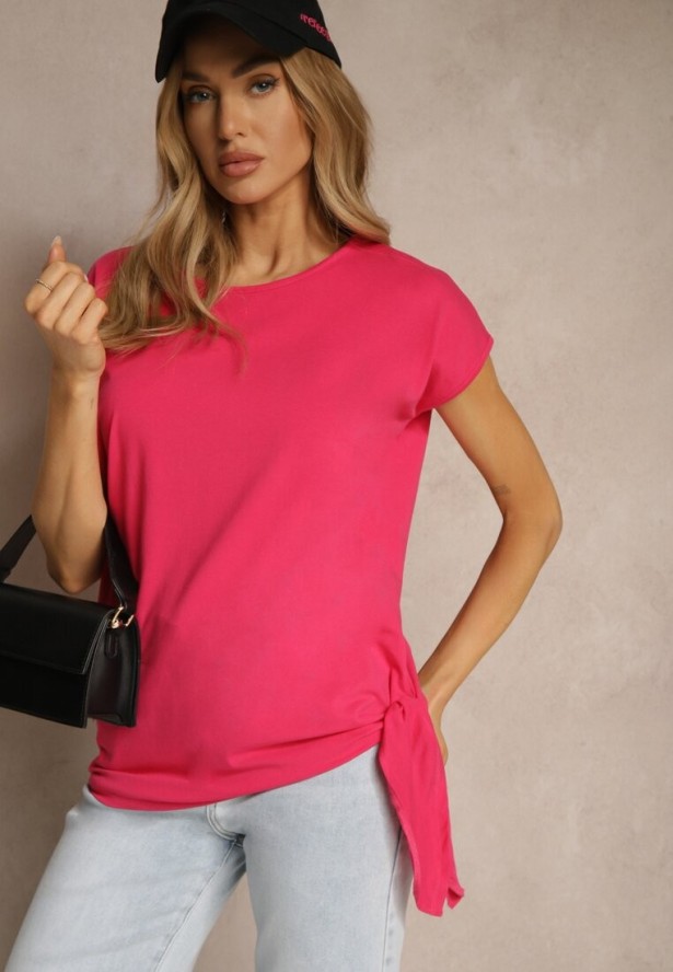 Różowy T-shirt z Bawełny z Ozdobnym Wiązaniem Termio