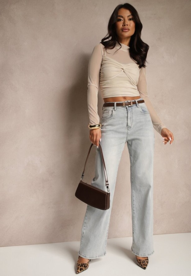 Beżowa Marszczona Bluzka z Siateczki Longsleeve ze Stójką Zentevin